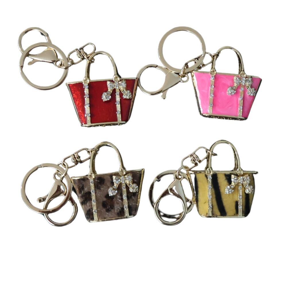 Cheeta Print Gold & Brown Sculptural Handbag Charm Keyring Bow & Rhinestone NWT - Picture 6 of 8